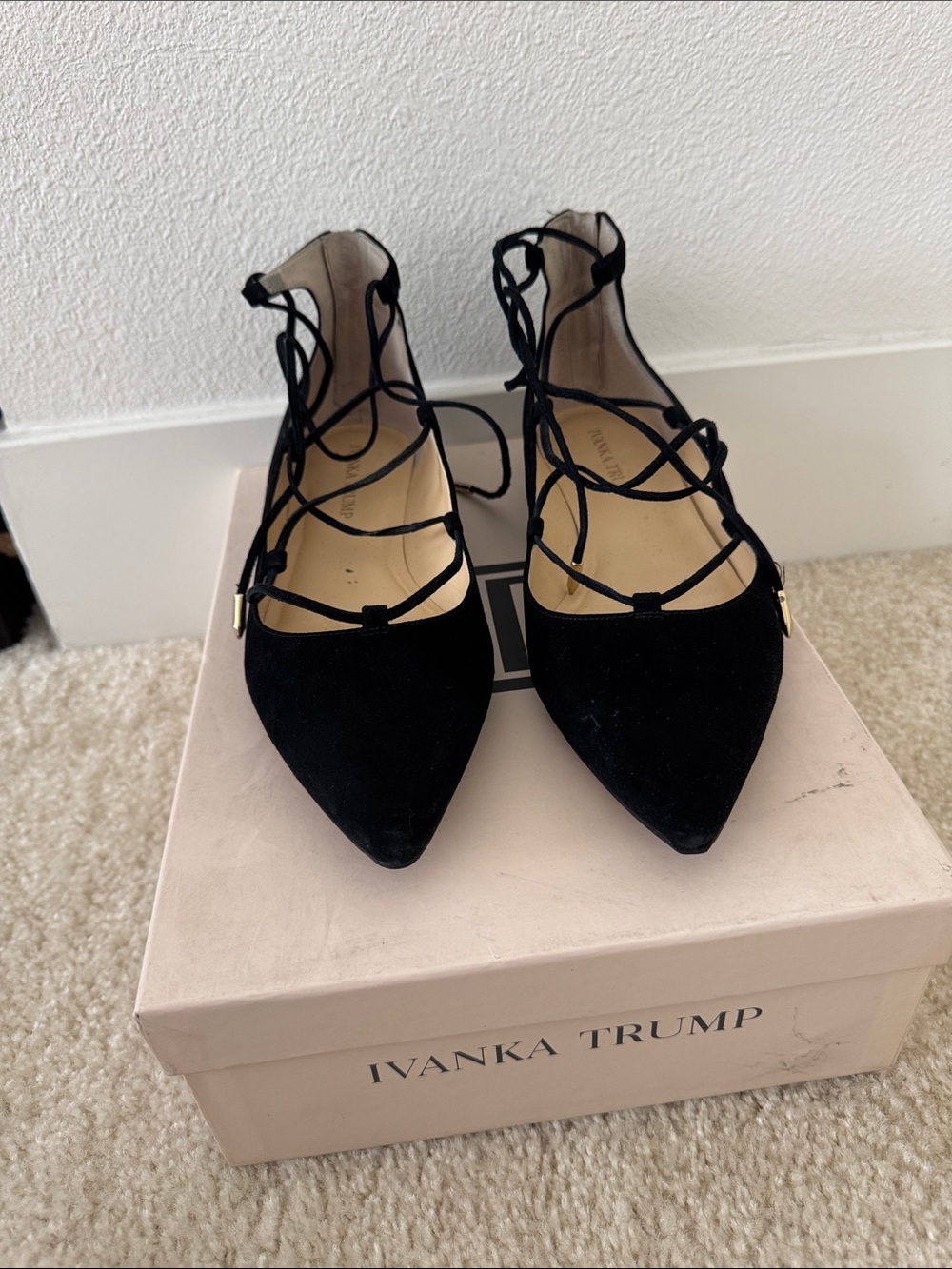 Ivanka Trump Black Pointed Lace-Up Flats
